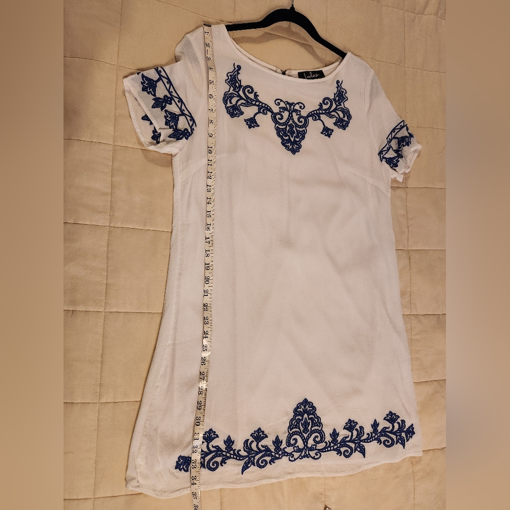 Lulu's Mini Dress, Tale to Tell Blue and Ivory Embroidered Shift, Size XL, Party - Picture 10 of 12